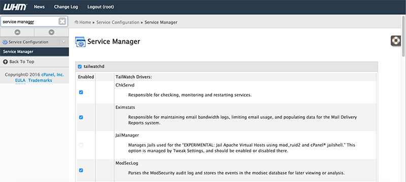 Service Manager cpanel